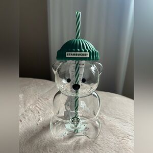 Starbucks Clear Bear Tumbler with Green Lid and Straw